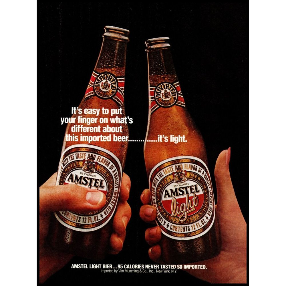 1985 Amstel Light Beer Bier Vintage Print Ad Toast Brown Bottle Man Cave Decor